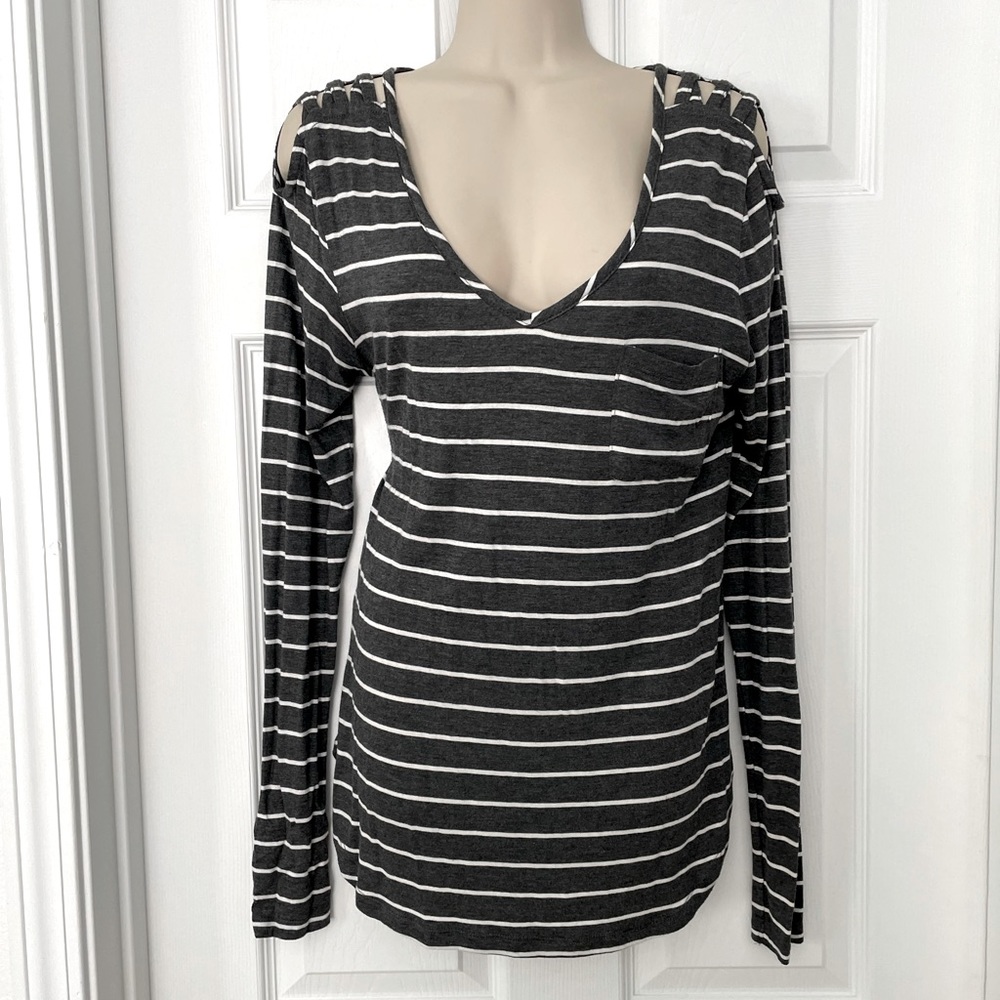 Gray & White Striped Open Shoulder Top